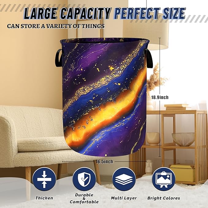 Purple Golden Marble Laundry Basket Foldable Colorful Abstract Print Laundry Hamper With Handle Portable Oxford Cloth Clothes Storage Basket Laundry Bag 18.9"x16.5" For Laundry Room/Bedroom/Bathrooms