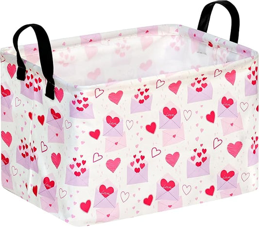 MAIZMZ Empty Gift Basket for Girls Heart Print Storage Cube for Women, Closet Shelf Waterproof Organizer Bins with Handles Nursery hamper Kids Toys Books Box Room Deco