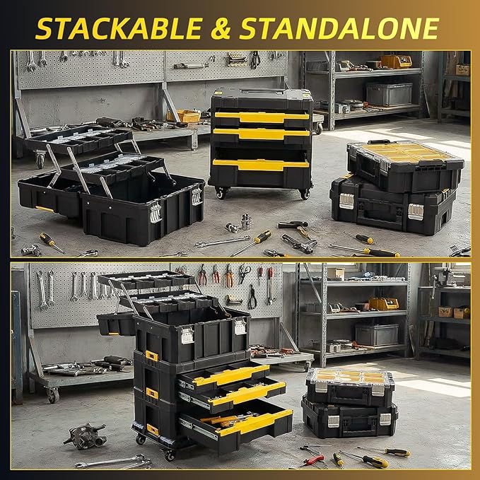 TLGREEN Stackable Rolling Tool Box with Wheels – 3 Tier Modular Tool Organizer System, Portable Tool Box with Drawers for Garage Storage, Home Repairs & Professional Workshop