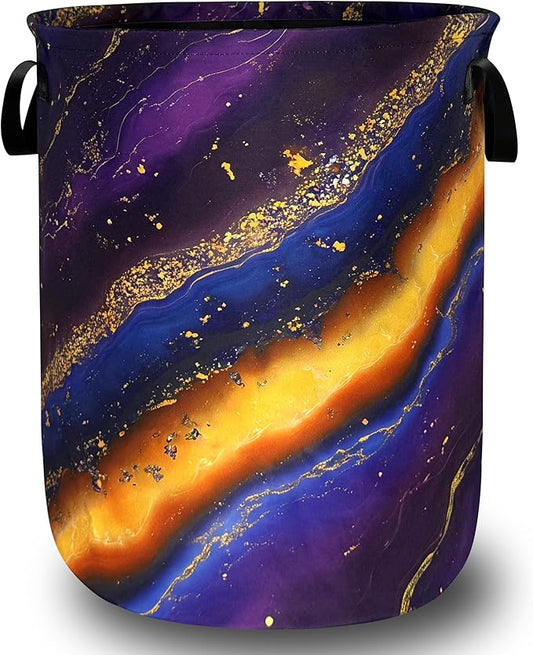 Purple Golden Marble Laundry Basket Foldable Colorful Abstract Print Laundry Hamper With Handle Portable Oxford Cloth Clothes Storage Basket Laundry Bag 18.9"x16.5" For Laundry Room/Bedroom/Bathrooms