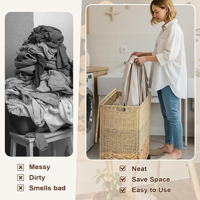Cinnvoice 120 L Rolling Wicker Laundry Basket with Wheels Laundry Hamper with Lid Decorative Woven Hamper with Washable Removable Liner Bags and Handles for Clothes Natural Water Hyacinth, 2 Sections