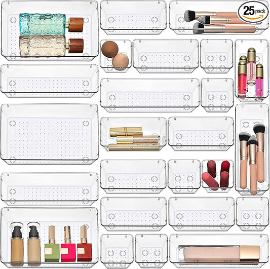 Masirs Clear Drawer Organizers Set 25 PCS – Plastic Storage Bins for Desk, Kitchen, Bathroom, Vanity – Modular, Stackable, Non-Slip Drawer Organizer Trays for Makeup, Utensils, Office Supplies