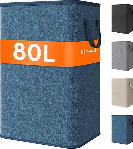 Lifewit 80L Large Tall Laundry Hamper, Collapsible Laundry Basket with Handles, Foldable Clothes Hampers for Laundry, Portable Dirty Clothes Hamper for Dorm College Bedroom Bathroom, Dark Blue