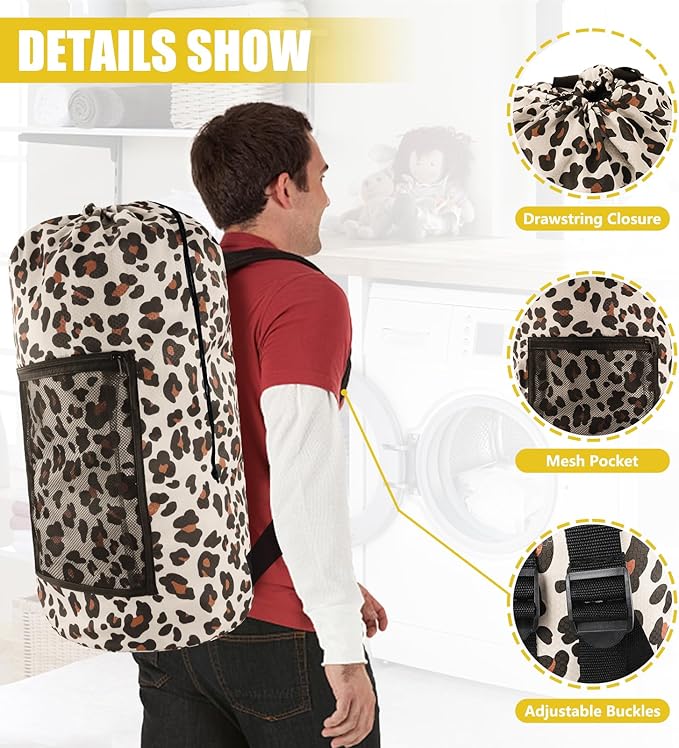 Olosar Laundry Bag Backpack, Extra Large Travel Laundry Bag with Mesh Pocket & Adjustable Shoulder Straps,Dirty Clothes Travel Bag for College Students Dorm,Apartment(Leopard Print)