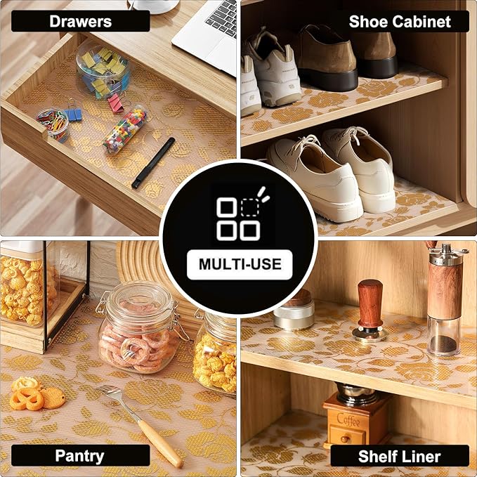 INNOLITES Shelf Liner for Cabinets, Non-Adhesive for Kitchen Drawer Liner, Waterproof Shelf Paper with Floral Pattern, Durable Easy to Clean (Golden Rose, 23.6" x 240")
