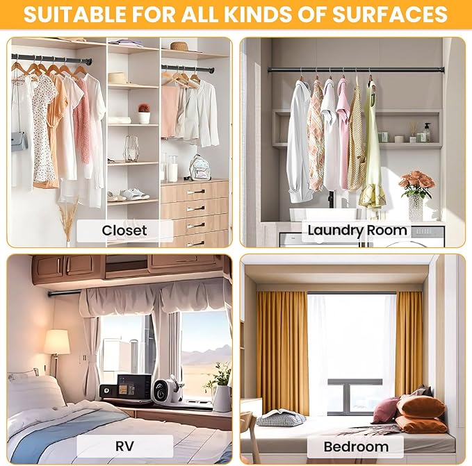 Closet Rods for Hanging Clothes, 17-26 Inch No-Cut Stepless Adjustable Closet Rod, 1.3 Inch Heavy Duty Metal Hanging Rod with Brackets for Closet, Laundry Room, RV, Wardrobes