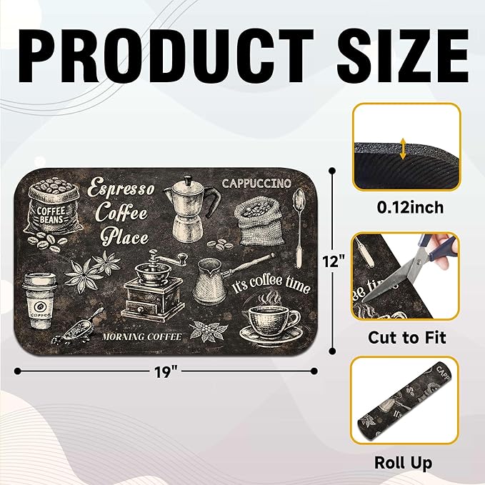 Vintage Coffee Blueprint Coffee Bar Mat 12" x 19", Absorbent Quick-Dry Coffee Drying Mat, Non-Slip Waterproof Countertop Protector for Coffee Station, Espresso Machine