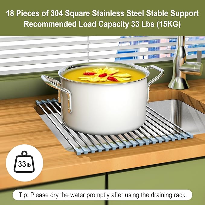 16.93 ×12.91 Inch Sink Drying Rack Roll Up, Silicone Wrapped 304 Square Stainless Steel Over the Sink Dish Drying Rack Counter Kitchen Home RV Essentials Foldable Sink Organizer,Grey