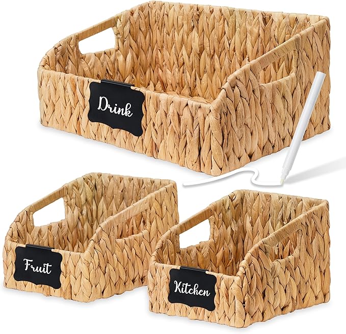 Pantry Baskets and Organizers, Large Wicker Baskets for Shelves, Handwoven Labeled Storage Basket for Organizing with Handles-Water Hyacinth Storage Bins, Boho Decorative, 3Pack, Natural