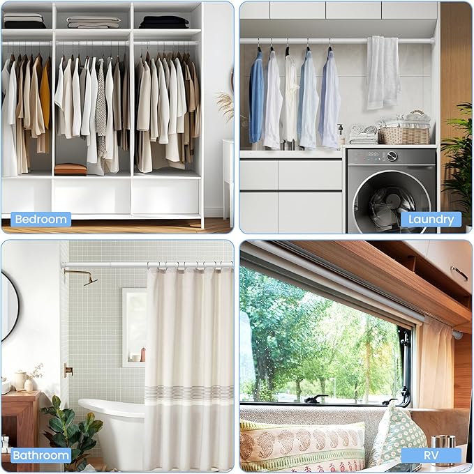 3 Pack Closet Rods for Hanging Clothes, 17 to 54 Inch Heavy Duty Stepless Adjustable Closet Hanging Rod, 1.3 Inch Diameter Metal Closet Rod for Wardrobes Laundry Bedroom RV, White