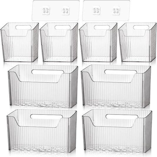 SiliFine 8 Pcs Storage Organizer Bins Wall Mounted Organizer Basket Plastic Cabinet Door Bins Stackable Hanging Baskets for Organizing for Wall Refrigerator Kitchen Bathroom Pantry(3.94'',Clear)