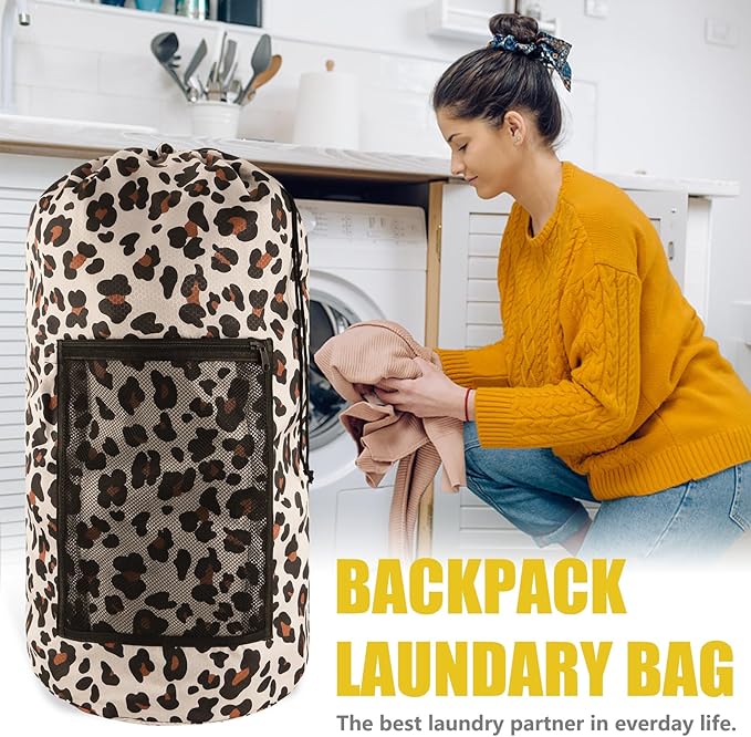 Olosar Laundry Bag Backpack, Extra Large Travel Laundry Bag with Mesh Pocket & Adjustable Shoulder Straps,Dirty Clothes Travel Bag for College Students Dorm,Apartment(Leopard Print)