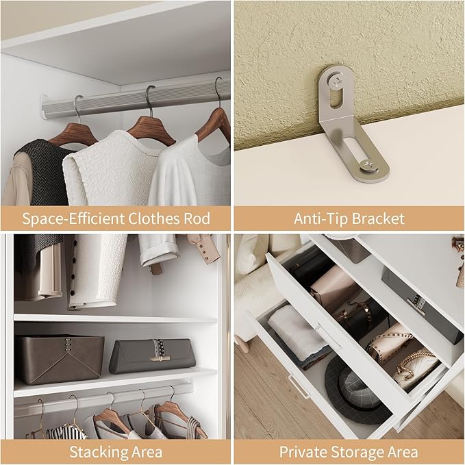 VOWNER 25'' Freestanding Closet System with Drawers & Hanging Rod, Wood Closet Organizer System, Walk-in Closet Shelving Unit, Clothes Garment Rack, Armoire Wardrobe Closet Bedroom Entryway