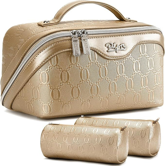 BOYATU Travel Makeup Bag for Women: Cosmetic Organizer Bag with Compartments - Leather Make up Bags Set of 3 (G-5-Gold Yellow)