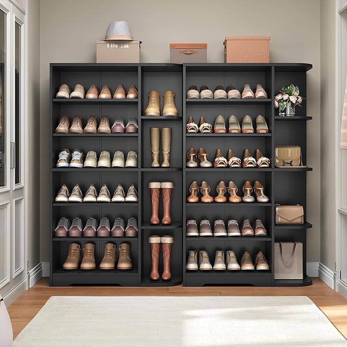 YATINEY Tall Shoe Rack, Multifunctional Shoe Cabinet with Open Storage, Entryway Shoe Organizer for Closet, 7-Tier Wooden Shoe Storage Closet with Adjustable Shelves, Black SC02BK