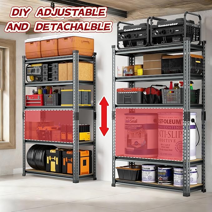 Garage Shelving Heavy Duty, 2450LBS Metal Storage Shelves 5 Tier, Adjustable Shelving Unit 36" W x 16" D x 72" H, Boltless Garage Storage Rack for Garage Basement, Pantry, Warehouse 1Pcs