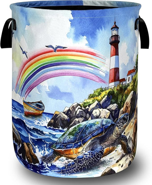 Beach Sea Turtle Laundry Basket Foldable Rainbow Ocean Animals Laundry Hamper With Handle Portable Oxford Cloth Clothes Storage Basket Laundry Bag 18.9"x16.5" For Laundry Room/Bedroom/Bathrooms