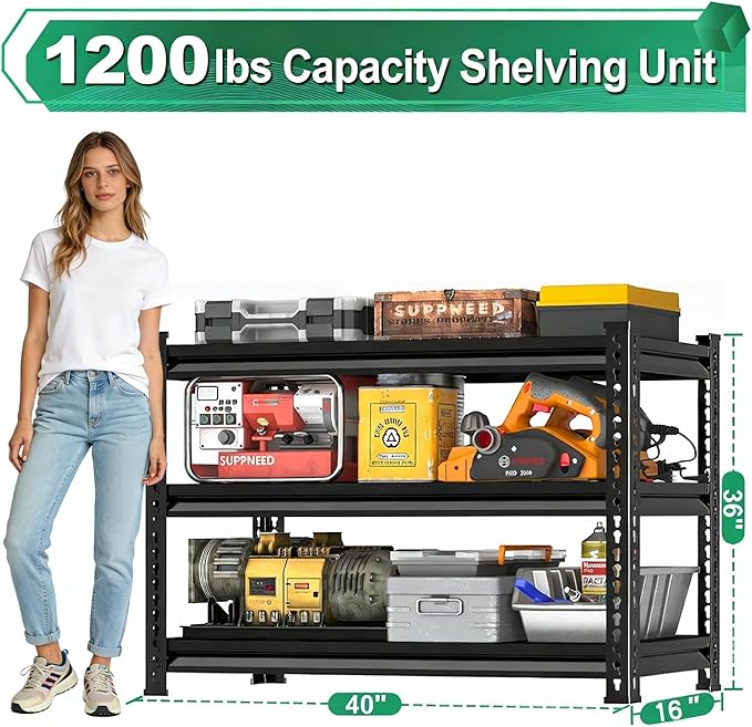 Metal Storage Garage Shelving: 40''W 1,200 Lbs Heavy Duty Steel Utility Storage, 3 Tier Adjustable Rack Units Adjustable Black 40" W x 16" D x 36" H