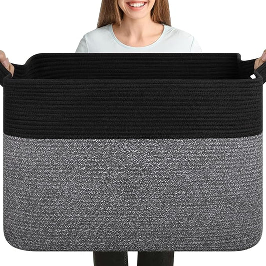 OIASKET XXXL Supre Large Blanket Basket for Clothes, Towels, Pillows, 108L Cotton Rope Storage Basket for Living Room, Supre Large Woven Toy Storage for Kids, 25" x 16" x 16", Black