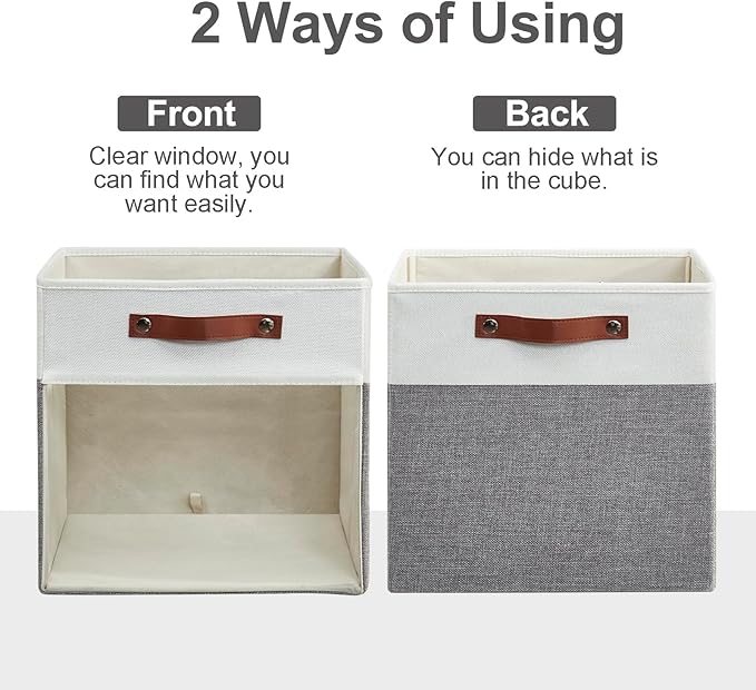 Bagnizer Storage Cubes, 4 Pack Linen Foldable Storage Bins with Clear Window and 2 Handles, 13x15x13 Storage Cube Bins for Shelf Closet, Kallax, Clothes, Books - (Gray and White)
