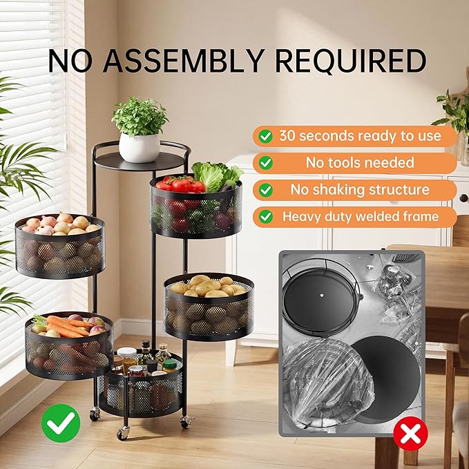 JAQ No Assembly Rotating Storage Cart, 5-Tier Rolling Kitchen Cart with Wheels, Round Large Capacity Fruit Vegetable Storage Rack, Easy Access Onion Potato Organizer, Heavy Duty Metal (Black)