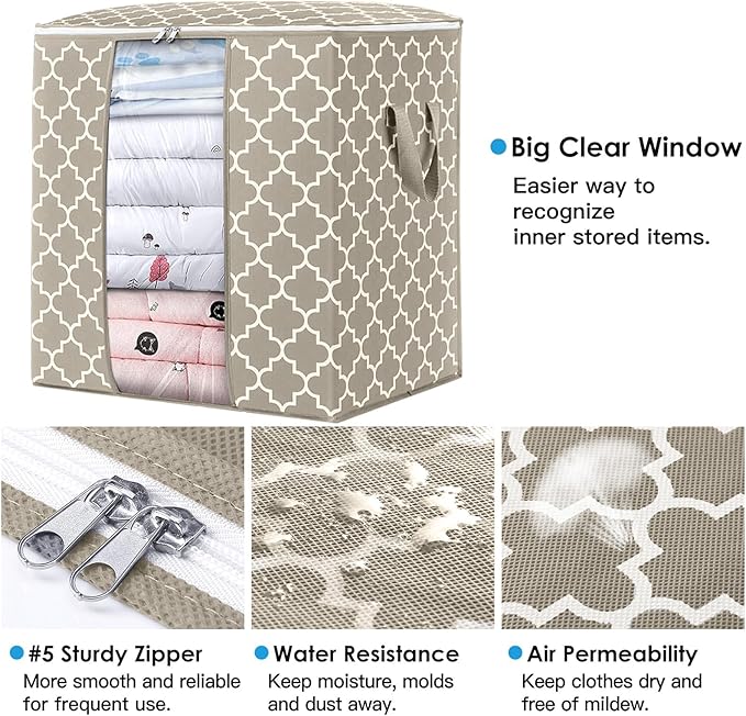 WISELIFE Storage Bags 3 Pack/100L Large Blanket Clothes Organization and Storage Containers for Comforters,Bedding, Foldable Organizer with Reinforced Handle, Clear Window, Sturdy Zippers,Beige