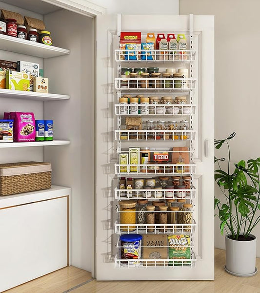 Mefirt Over The Door Pantry Organizer, Wall Mount Spice Rack, Pantry Hanging Storage and Organization, 8 Adjustable Baskets Heavy-Duty Metal for Home & Kitchen, Back of Door Seasoning Rack - White