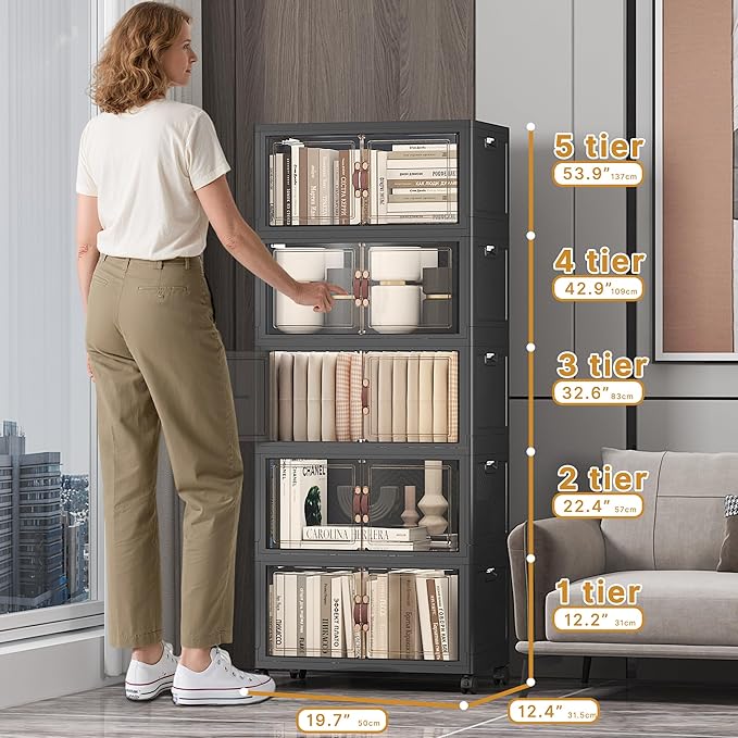 UAMFURI Extra Large Stackable Storage Bins with Lids & Wheels, Foldable Collapsible Closet Organizers Dark Storage Cabinet with Doors for Bedroom Dorm