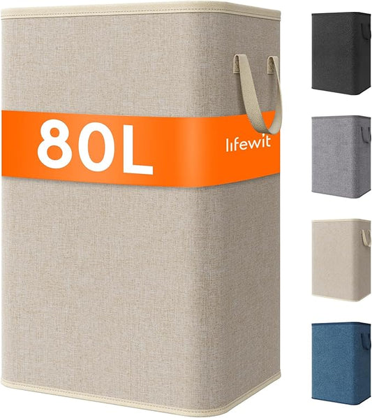 Lifewit 80L Large Tall Laundry Hamper, Collapsible Laundry Basket with Handles, Foldable Clothes Hampers for Laundry, Portable Dirty Clothes Hamper for Dorm College Bedroom Bathroom, Beige