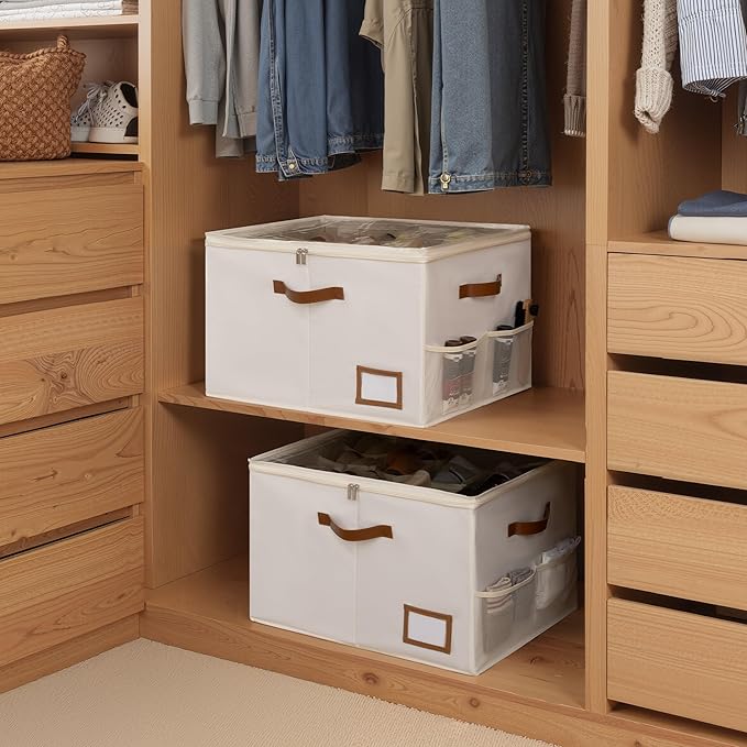 StorageWorks Shoe Organizer for Closet, 2 Pack Shoe Storage Boxes with Clear Lid, Stackable Shoe Storage Organizer for Sandals and Slippers, Fabric Shoe Organizer Bins, Holds 16–32 Pairs, Beige