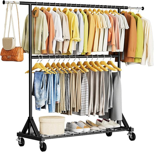 Luxspire Heavy Duty Clothes Rack Load 600 LBS, Double Rod Clothing Rack, Rolling Garment Racks with Lockable Wheels, Shelves, Adjustable Laundry Hanging Racks for Clothes, Black