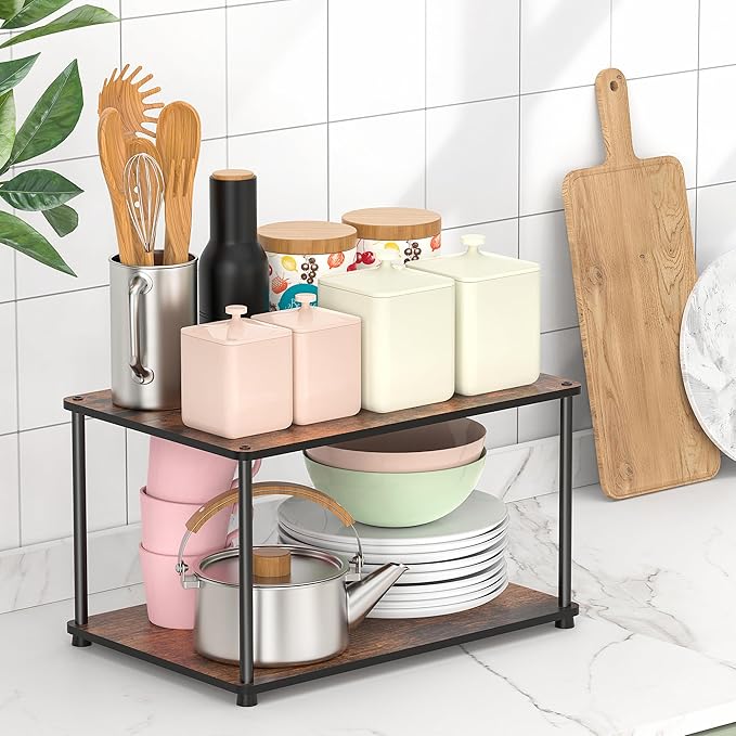 Countertop Spice Rack, Stackable Wood & Metal Pantry Cabinet Shelf Organizer Storage, 2-Tier Multi-Use for Kitchen Bathroom Desktop Home Office, Rustic Brown