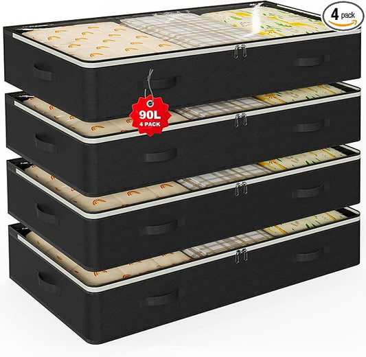 90L Under Bed Storage Containers,4-Pack Closet Organizers and Storage Bins,for Organization and Storage Clothes, Shoes, Blankets & Pillows,Visible Transparent Top Storage Bins with Lids,Black