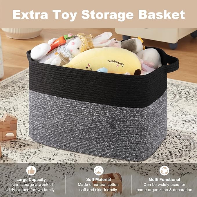 OIASKET XXXL Supre Large Blanket Basket for Clothes, Towels, Pillows, 108L Cotton Rope Storage Basket for Living Room, Supre Large Woven Toy Storage for Kids, 25" x 16" x 16", Black