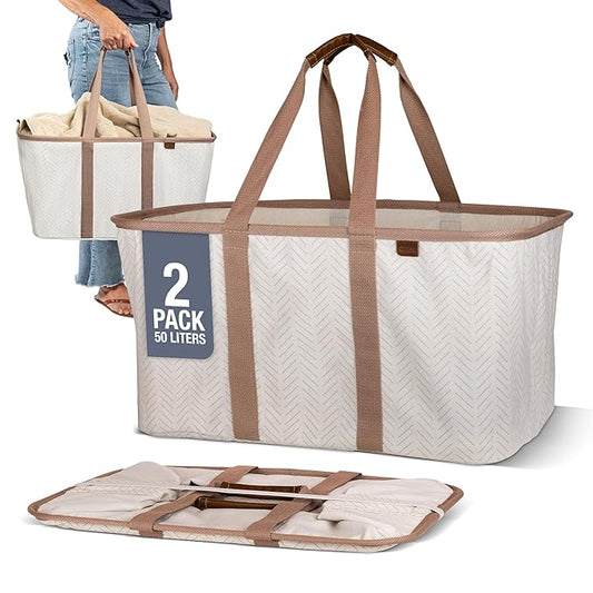 CleverMade Collapsible Laundry Tote 2-Pack (50L) – Foldable Carry-All Storage Bin for Laundry, Car Trunk, RV, Dorm & Home Organization – LUXE Cotton Blend with Vegan Leather Accents, Cream