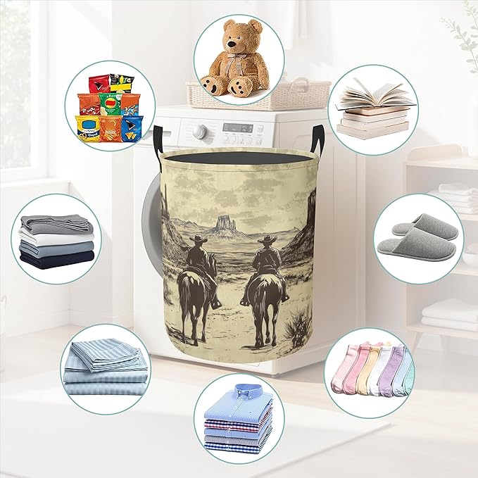 Vintage West Cowboy Round Laundry Basket Collapsible Laundry Hamper with Handles Toys Clothes Organizer Bin For Home Bathroom Bedroom Dorm Nursery
