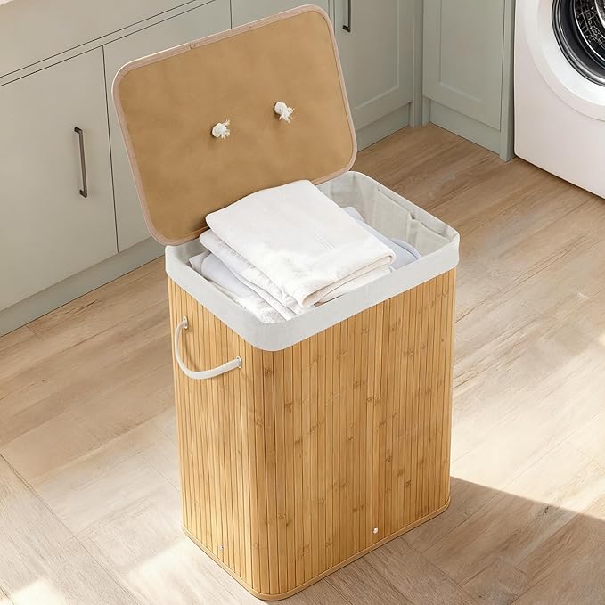 GarveeHome Folding Bamboo Laundry Hamper with Lid, 28 Gal / 106L Wooden Laundry Basket with Washable Liner Bag, Slim Clothes Storage Hamper for Small Bedrooms Apartments Dorms, Natural