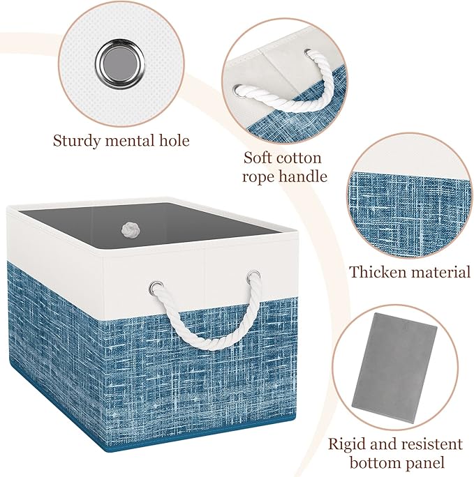 StorageTastic Storage Bin,Collapsible Storage Basket For Organizing,Large Storage Boxes With Rope Handles,Storage Containers,White & Blue,4 Pack