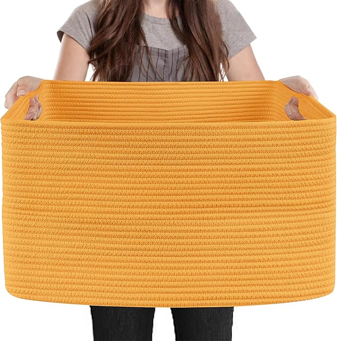 MEGASKET Extra Large Orange Storage Basket, 23.6" x 17" x 12" Rectangle Baskets for Organizing, Blanket Toy Bin Organizer, Colorful Woven Cotton Rope Baskets for Decor