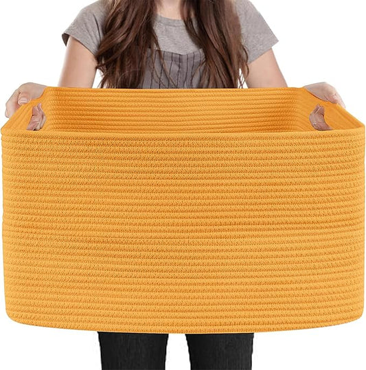 MEGASKET Extra Large Orange Storage Basket, 23.6" x 17" x 12" Rectangle Baskets for Organizing, Blanket Toy Bin Organizer, Colorful Woven Cotton Rope Baskets for Decor