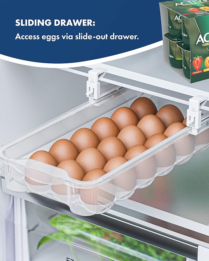 Skywin TidyFriend Refrigerator Egg Drawer 14"x7.5"x3.95" – Snap-On Egg Holder with Pull-Out Drawer, Holds 18 Eggs, Fits Flat Fridge Shelves 14.1–16.3 in Long and 0.93–1.32 in Thick