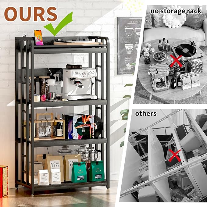 METYERRY Adjustable 4-Tier Heavy Duty Kitchen Baker's Rack with Power Outlet, with Industrial Wheels, Free Standing Microwave Oven Cart Stand for Storage, Garage, Mini Fridge Stand, Black