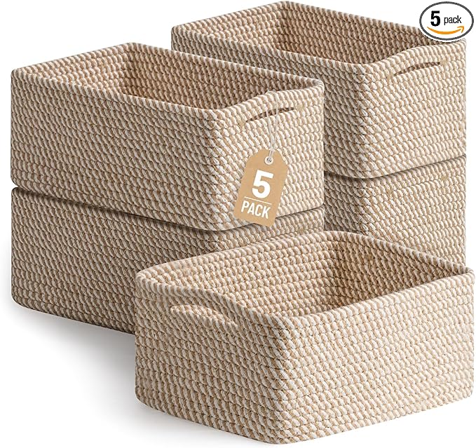 5 Pack Decorative Small Storage Baskets for Shelves, Cotton Rope Woven Basket for Organizing Bathroom, Nursery, Closet, Cabinet, Toys & Socks, Gift Baskets Empty, 11.8"x7.9"x4.7", Khaki