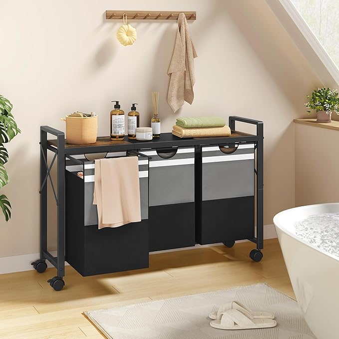 FAVOOSTY Laundry Sorter with Shelf,Laundry Basket Organizer,Laundry Hamper with Shelf, 3 ×11 Gal（50L）3 Section Laundry Sorter with Pull-Out Removable Oxford Fabric Bags and Movable Wheels Grey Black