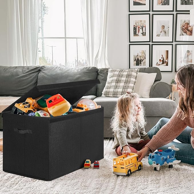 INDRESSME 122L Large Toy Storage Box with Lid, Toy Storage Organizer, Toy Baskets with Dividers for Playroom, Bedroom, Closet, Storage Bins for Kids, Boys Girls 26"x17"x17" (Black)