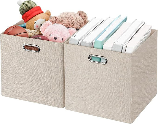 Posprica Foldable Storage Bins,13×13 Storage Cubes Basket Containers for Shelf Cabinet Bookcase Boxes,Thick Fabric Drawers - Set of 2, Beige