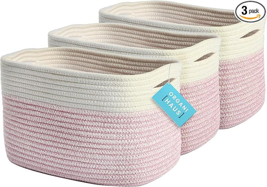OrganiHaus Rope Baskets for Shelves - Set of 3 Woven Storage Baskets for Organizing, Closet & Toy Storage - Pink/Off-White - 15x9x10