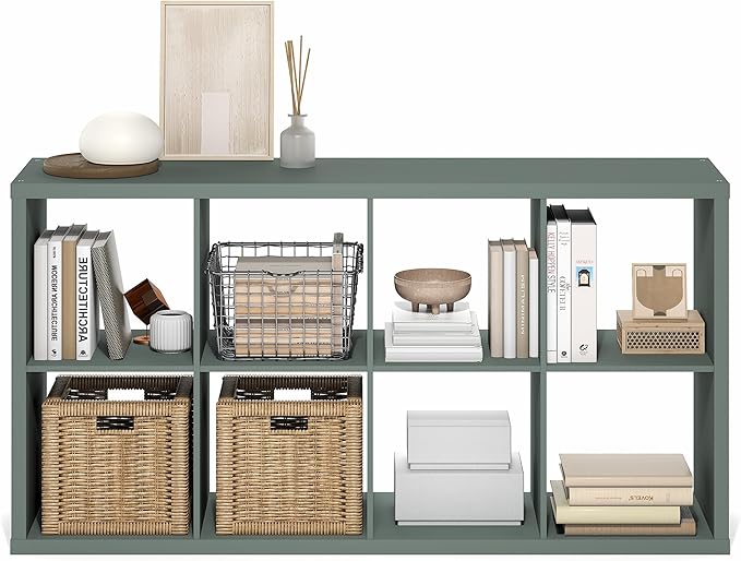 Furinno Cubicle Book Shelf, 8-Cube Bookshelf, Extra Thick Frame Horizontally & Vertically Reversible Bookcase with Open Back, 14.6" x 30" x 58", for Living Room, Bedroom, Home Office, Sage Green