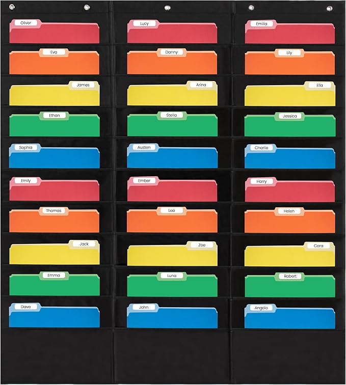 Essex Wares - 30 Pocket File Pocket Chart, Black, 42" Wide x 47" Tall - Versatile Wall Hanging File Folder Organizer for Classroom, Office, Home, and More - Wall Folder Organizer - 30 Pockets
