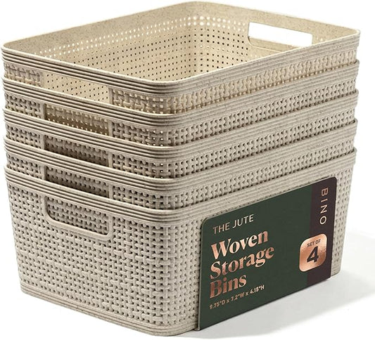 BINO | Woven Plastic Basket | Small (Natural), 5-Pack | THE JUTE COLLECTION | Home Organization, Space - Saving Storage, Stylish Design | Jute Basket | Plastic Storage Basket